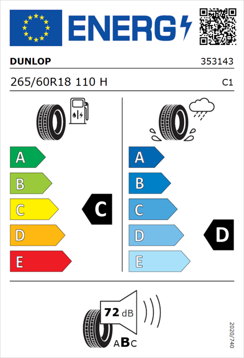 Tyre Label for Dunlop Grandtrek AT20 265/60R18 110H