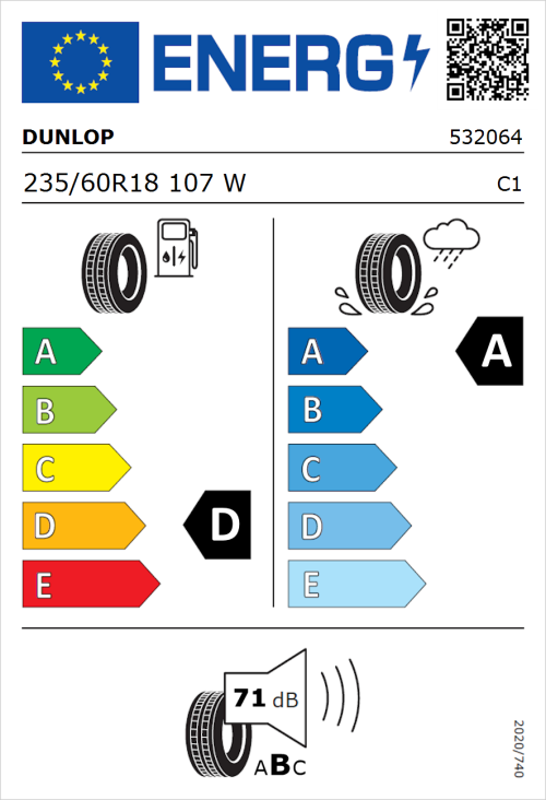 Tyre Label for Dunlop SP Sport Maxx RT 2 235/60R18 107W