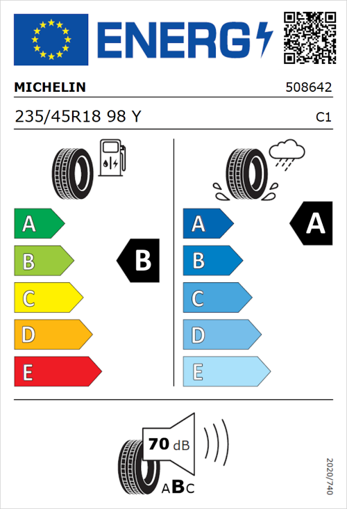 Tyre Label for Michelin Primacy 4+ 235/45R18 98Y