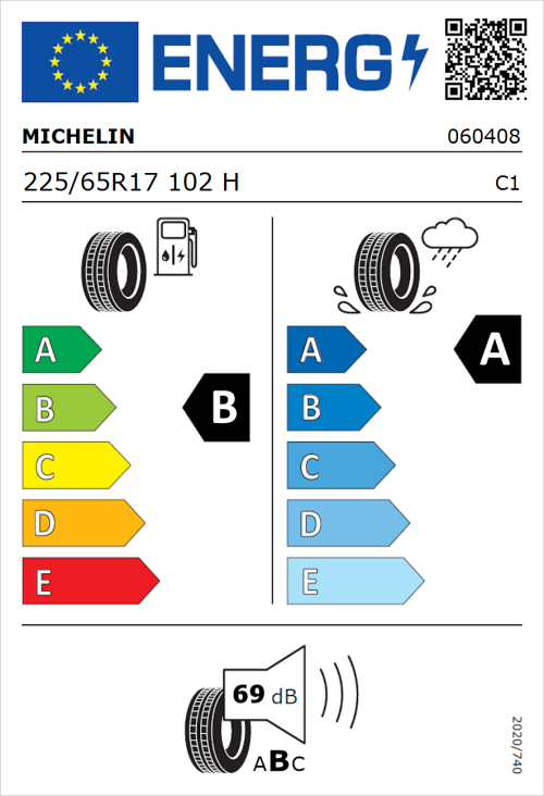 Tyre Label for Michelin Primacy 4+ 225/65R17 102H